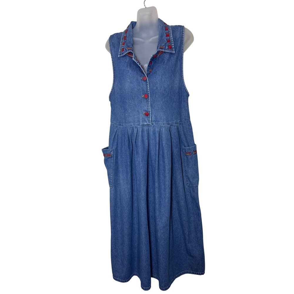 Vintage KZK Denim Plaid Trim Sleeveless Midi Dress Blue Cottagecore Size Medium